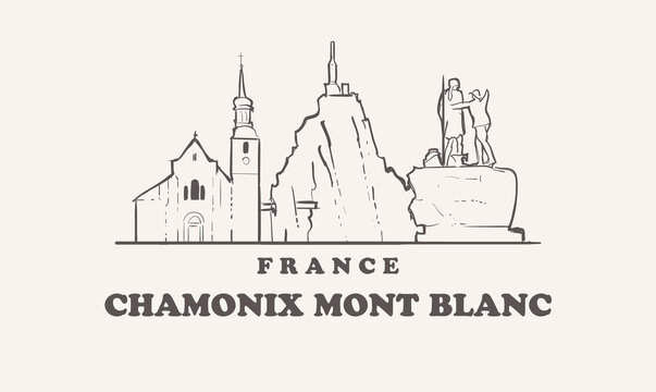 Chamonix mont blanc skyline, france hand drawn sketch