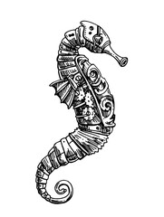 Mechanical seahorse. Hand drawn vector illustration.