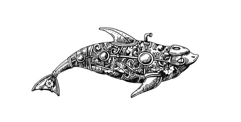 Mechanical fish. Hand drawn vector illustration. - 413006919