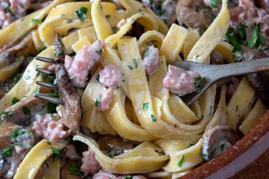 Close up of boscaiola fettuccine pasta with pork sausage, mushrooms and cream.