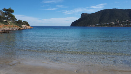 Fototapeta na wymiar Famous calm sea beach of Avlaki, Porto Rafti, Mesogeia, Attica, Greece