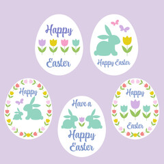 pastel Happy Easter eggs with tulips and bunnies