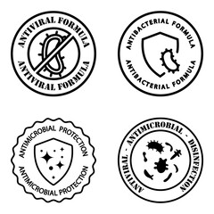 Antimicrobial resistant badges. Antiviral and antimicrobial formula. Clean hygiene label. Illustration with antiviral protection for medical design. Antibacterial shield. Vector outline icons