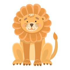 Obraz na płótnie Canvas Cute funny cartoon lion on a white isolated background. Vector clip art of a lion in a flat style. Design and print for children s clothing, stationery, height gauge for children