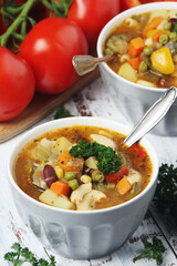 Bowls with Italian soup minestrone	