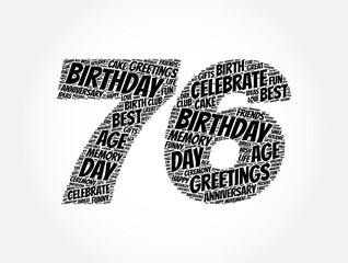 Happy 76th birthday word cloud, holiday concept background