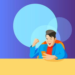 flat cartoon character vector, a man with excited, happiness, surprised face expression sitting or standing up in office, casual suit outfit, successful man achieve the goal.