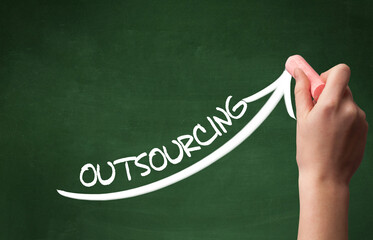 Hand drawing OUTSOURCING inscription with white chalk on blackboard, business concept