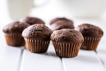 Chocolate muffins. Sweet dark cupcakes.