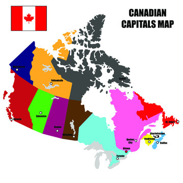 Canada Vector Map with Canadian capital cities in provinces and territories in multi bright colors