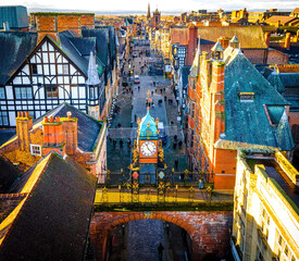 Aerial view of Chester, a city in northwest England,  known for its extensive Roman walls made of local red sandstone - obrazy, fototapety, plakaty