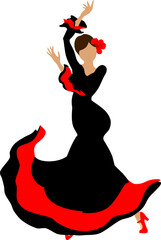 Silhouette of flamenco dancer in black dress with red stripe isolated on white background