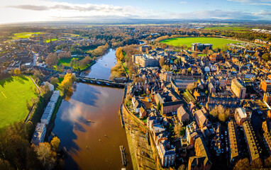 Aerial view of Chester, a city in northwest England,  known for its extensive Roman walls made of local red sandstone