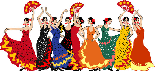 Group of flamenco dancers in colorful traditional spanish dresses isolated on white background - obrazy, fototapety, plakaty