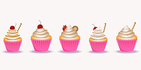Set Cupcakes. Cupcakes Pink Shape Ribbon. Decorated Fruit Chocolate Sticks .White Background. Baking