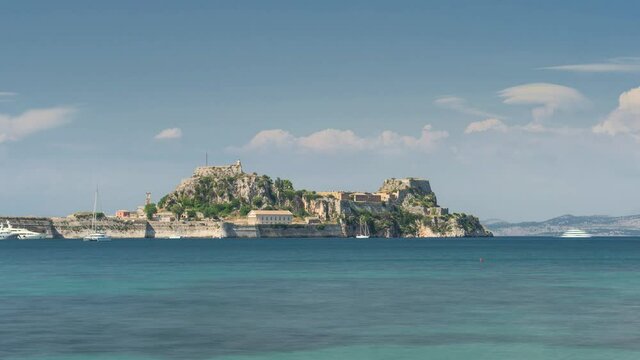 Corfu Town, Greece: View of Old Venetian Fortress in Corfu Island. Landscape panorama, time-lapse, ancient, fort, corfu, island, blue sky, sea. Time Lapse Video 4K
