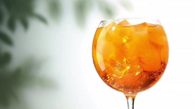 glass of aperol spritz cocktail with ice turning on defocused leaves background