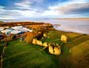Aerial view of ruins of Flint castle in Flintshire, Wales, lying on the estuary of the River Dee