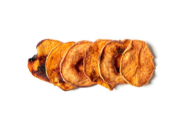 Slices of dried fruits strawberry, kiwi, peach, pear. Isolated on white background, top view, place for text