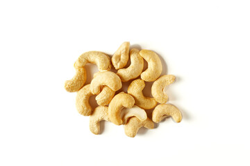 Cashews. Isolated on white background, place for text, top view.