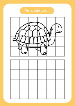 Copy the picture of turtle - use the grid and example. Educational game for children. Handwriting and drawing practice. Nature theme activity for toddlers, kids.