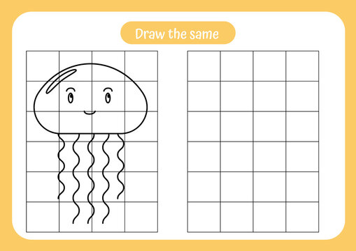 Copy the picture of jellyfish - use the grid and example. Educational game for children. Handwriting and drawing practice. Nature theme activity for toddlers, kids.