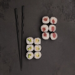 Japanese food. Sushi and rolls. Sets from the roll. Beautiful serving of Asian cuisine