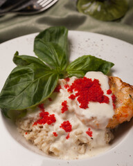 Restaurant menu. Fish dish. Fish with marinade and vegetables
