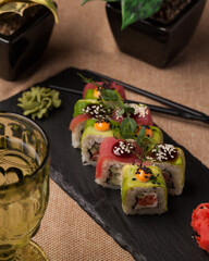 Japanese food. Sushi and rolls. Sets from the roll. Beautiful serving of Asian cuisine