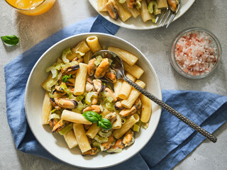 Penne pasta with mussels. Italian food