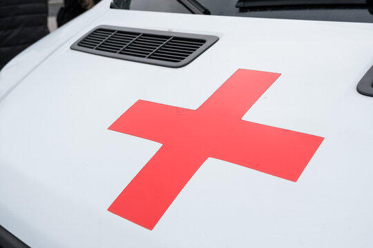 RUSSIA, MOSCOW - september 21, 2019.The ambulance Austrian Red Cross on the teachings of the Ministry of Emergency Situations of russia. the red cross on the white car of the ambulance, ambulance car