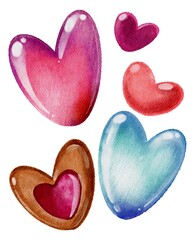 Watercolor hearts set. Handdrawn watercolor painted clip art, Saint Valentine's Day decoration and symbol. Perfect for decoration of invitations, posters and packaging.