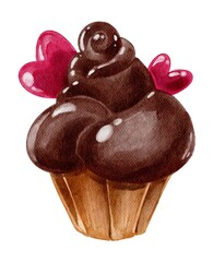 Watercolor yummy chocolate cupcake with hearts. Handdrawn watercolor painted clip art, Saint Valentine's Day decoration and symbol. Perfect for decoration of invitations, posters and packaging.