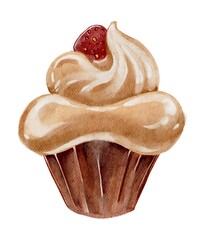 Watercolor yummy cupcake with strawberry. Handdrawn watercolor painted clip art, Saint Valentine's Day decoration and symbol. Perfect for decoration of invitations, posters and packaging.
