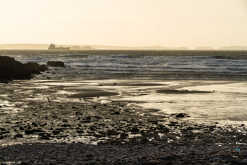 Stony beach on stormy day, with container ship.