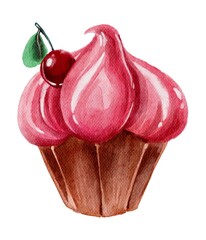 Watercolor yummy pink cupcake with cherry. Handdrawn watercolor painted clip art, Saint Valentine's Day decoration and symbol. Perfect for decoration of invitations, posters and packaging.