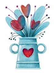 Watercolor blue vase with red hearts leaves. Handdrawn watercolor painted clip art, Saint Valentine's Day decoration and symbol. Perfect for decoration of invitations, posters and packaging.