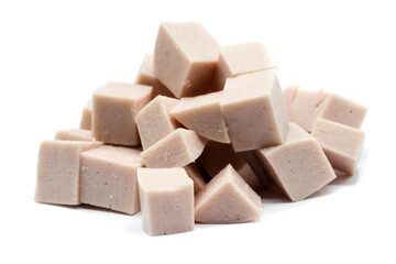 Meat sausage cubes isolated on white background