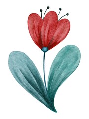 Watercolor blue red flower. Handdrawn watercolor painted clip art, Saint Valentine's Day decoration and symbol. Perfect for decoration of invitations, posters and packaging.