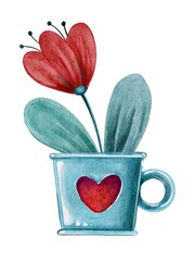 Watercolor blue cup with flower. Handdrawn watercolor painted clip art, Saint Valentine's Day decoration and symbol. Perfect for decoration of invitations, posters and packaging.