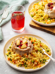 Curry rice with vegetables and pork.