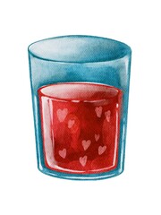 Watercolor love blue glass with red hears liguid. Handdrawn watercolor painted clip art, Saint Valentine's Day decoration and symbol. Perfect for decoration of invitations, posters and packaging.