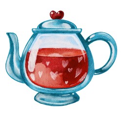 Watercolor love blue teapot with red hears liguid. Handdrawn watercolor painted clip art, Saint Valentine's Day decoration and symbol. Perfect for decoration of invitations, posters and packaging.