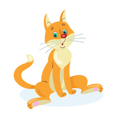 A funny ginger cat is sitting. In cartoon style. Isolated on white background. Vector flat illustration.