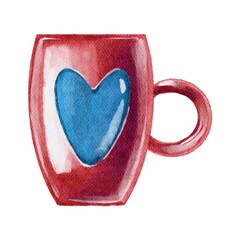 Watercolor love pink cup with blue heart. Handdrawn watercolor painted clip art, Saint Valentine's Day decoration and symbol. Perfect for decoration of invitations, posters and packaging.