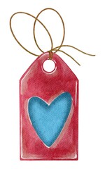Watercolor pink tag with blue heart, baggage tag, gift tag. Handdrawn watercolor painted clip art, love decoration and symbol. Perfect for decoration of invitations, posters and packaging