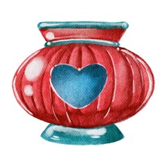 Watercolor blue pink vase with heart. Handdrawn watercolor painted clip art, Love decoration and symbol. Perfect for decoration of invitations, posters and packaging.