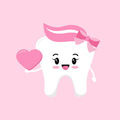 Valentines day tooth with heart in hand dental icon isolated on background. Dentist cute white tooth girl character in love with pink heart. Flat design cartoon vector dentistry clip art illustration.