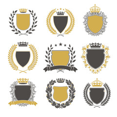 Collection of the Different black and gold silhouette shields, wreaths and crowns depicting an award, achievement, heraldry, nobility. - 413019924