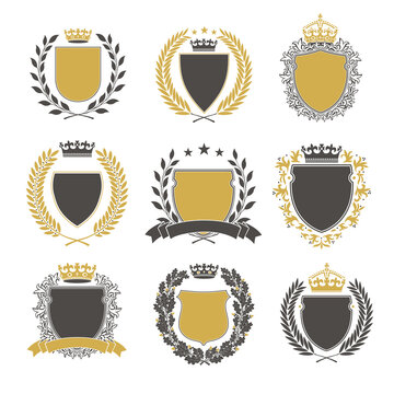 Collection of the Different black and gold silhouette shields, wreaths and crowns depicting an award, achievement, heraldry, nobility.